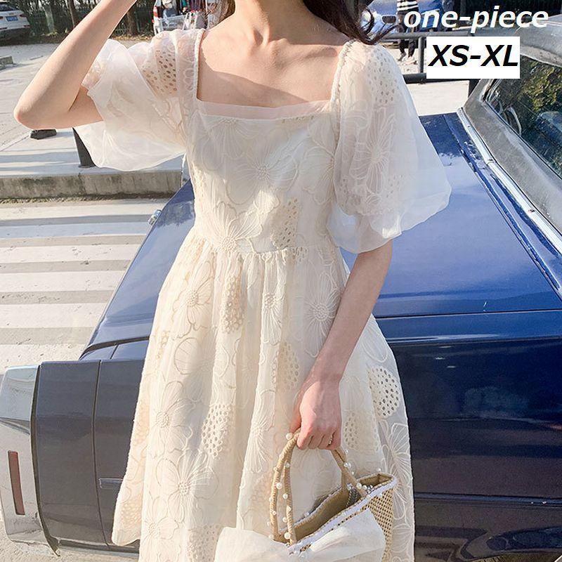 ワンピース レディース 女性 婦人 半袖 スクエアネック 膝丈 ミディ丈 フレア 花 フラワー パフスリーブ シンプル 通気性 おしゃれ カジュアル