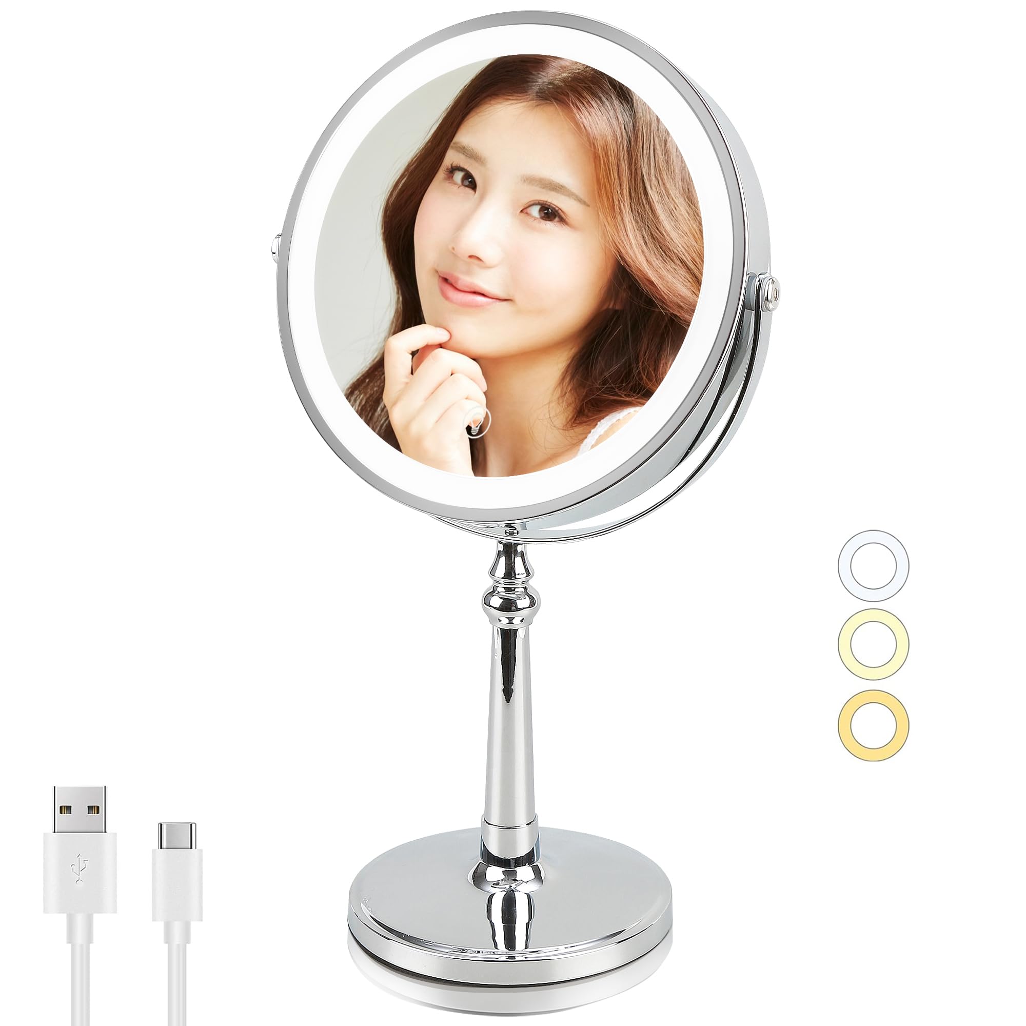 AMZTOLIFE 女優ミラー 9インチ大鏡面 LEDライト付き 化粧鏡 10倍拡大鏡 3色調節 無段階調光 USB充電式 コードレス 360度回転 タッチ式 自然光再現 高色彩還元 鏡 卓上 スタン