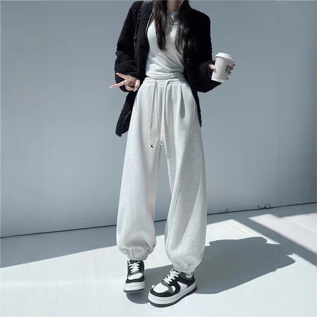 2025スタイル 裏起毛スウェットパンツ シンプル韓国風 ハイウエスト スリミング テーパードレッグ 暖かい ワイドレッグ ゆったり カジュアル ロングパンツ レディース