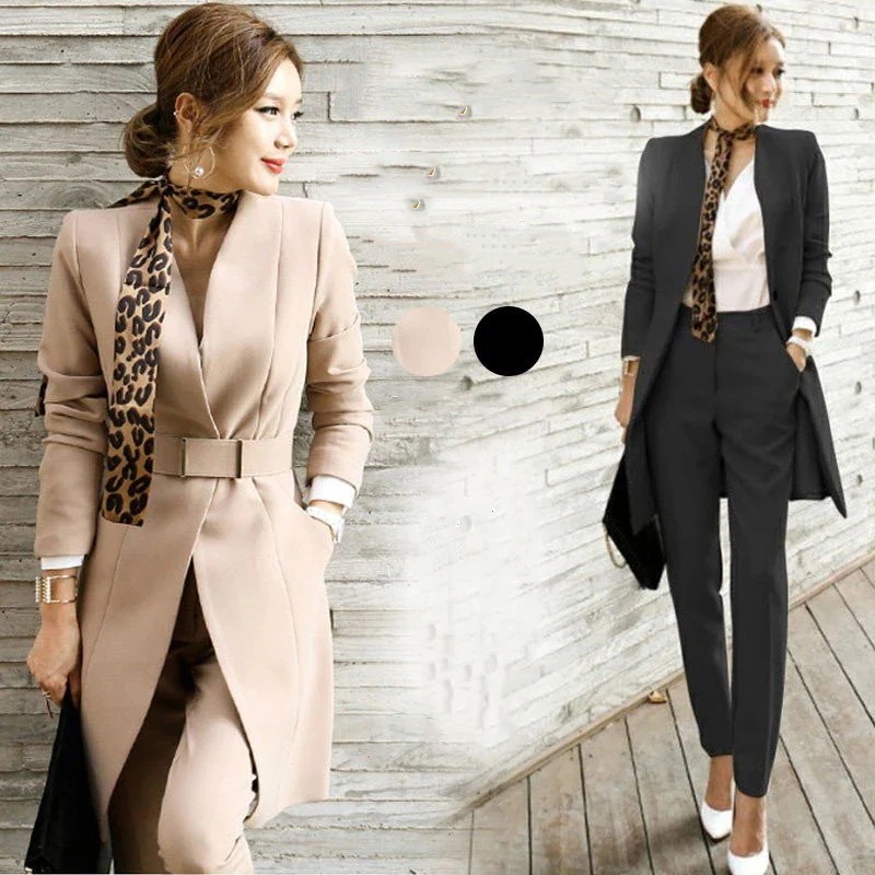 パンツスーツレディースセットアップスーツパンツロングコート長袖ベルト付きフォーマル無