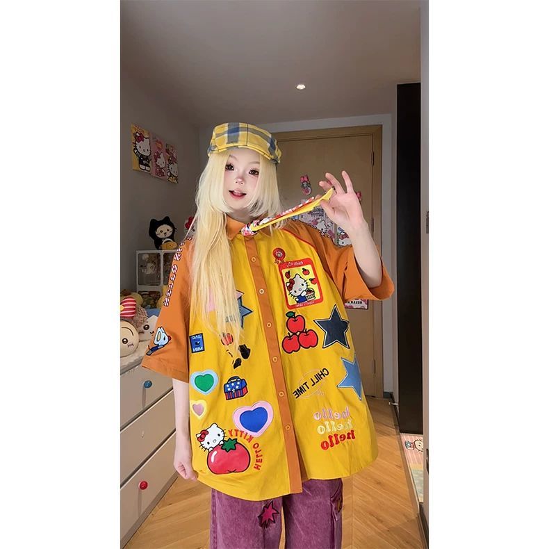 凛可爱い小众レトロ子供趣味可爱い漫画刺繍半袖シャツ色合わせ肩袖ゆったりシャツ女