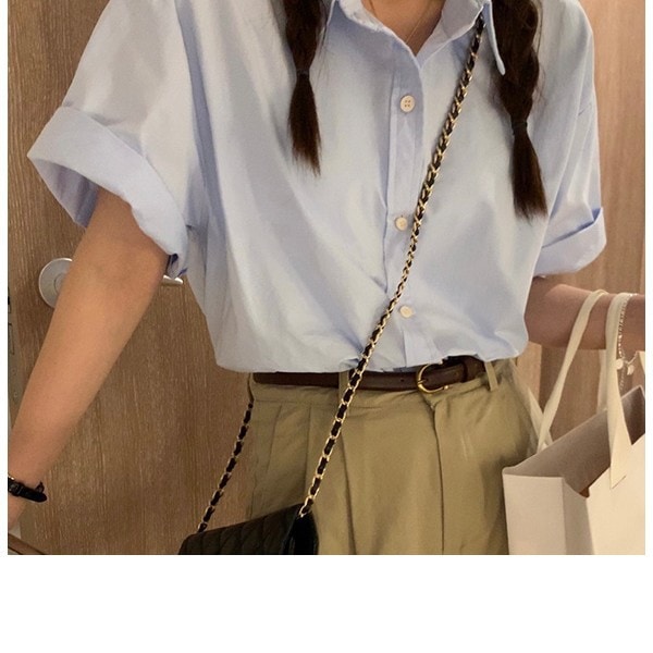 ゆったり 半袖 ライトブルー シャツ レディース デザイン性 薄手 レトロ トップス 学生 シャツ レディース595