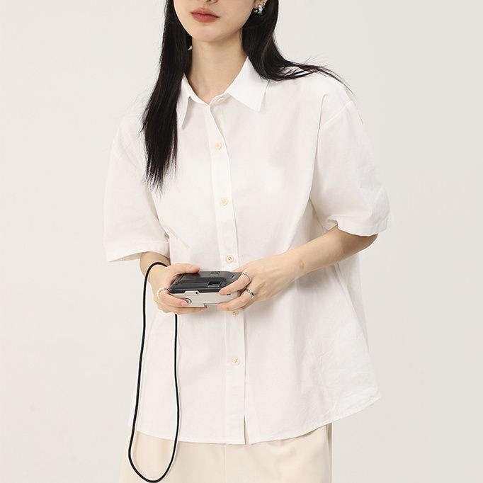 半袖 白 シャツ レディース ゆったり 細見え ファッション 学生 ミドル丈 シャツ 春夏 薄手 トップス151187