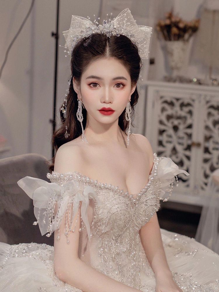 ワンショルダーメインウェディングドレス2024花嫁小柄質感重工業妊婦宮殿風テール