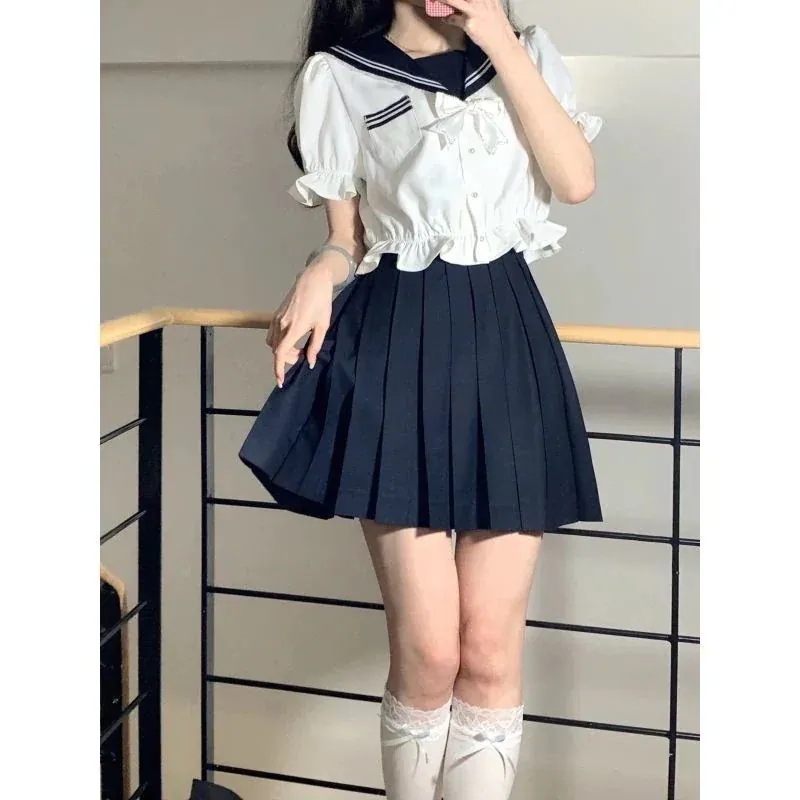 New type追加！ブラウスTシャツワンピース韓国ファッション JK制服カレッジスタイル ネイビーカラートップス＋プリーツスカー