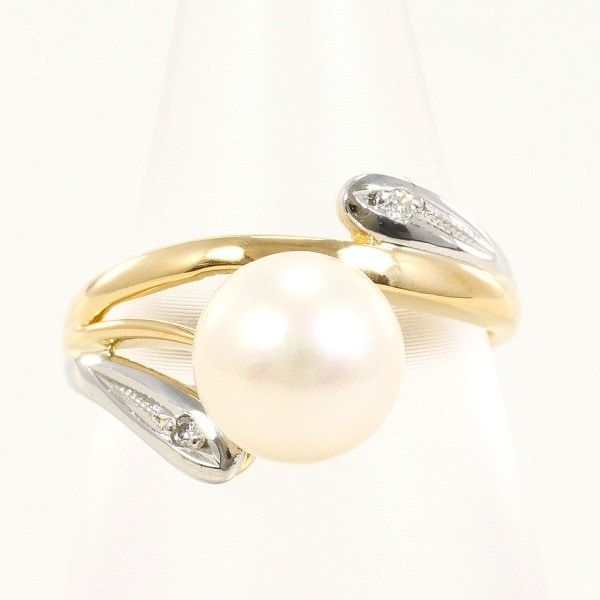 PT900 プラチナ K18YG リング 7号 パール(真珠) 約8mm ダイヤ ジュエリー 中古