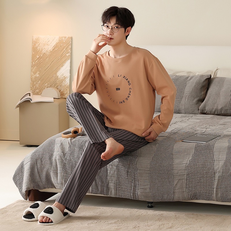 秋/春 両面純綿プルオーバー カップルパジャマ メンズ アウターウェア カジュアルセット 長袖 ラウンドネック ゆったり ホームウェア