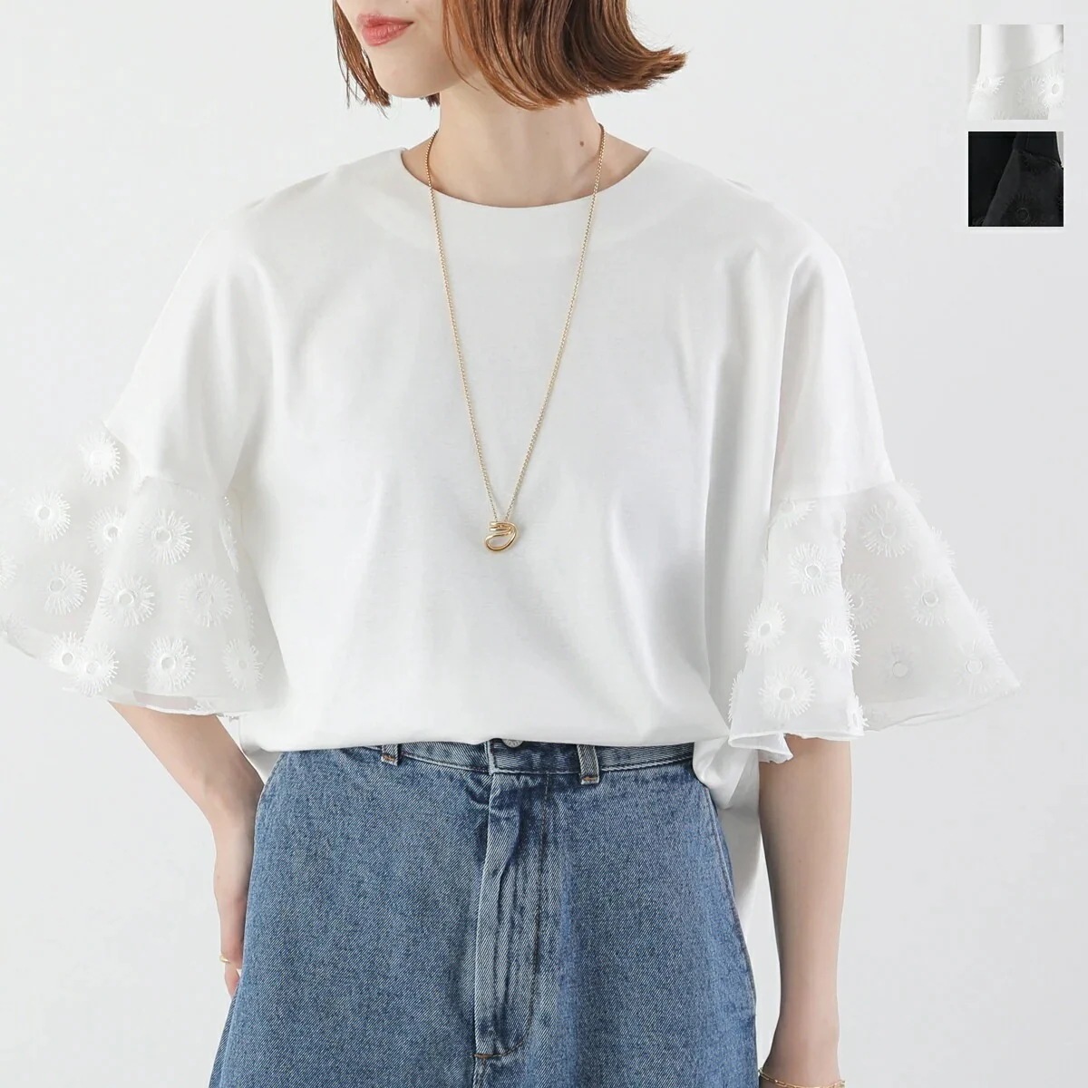 HERENCIA ヘレンチア カットソー H525130 レディース オーガンジー 刺繍 5分袖 クルーネック カラー2色