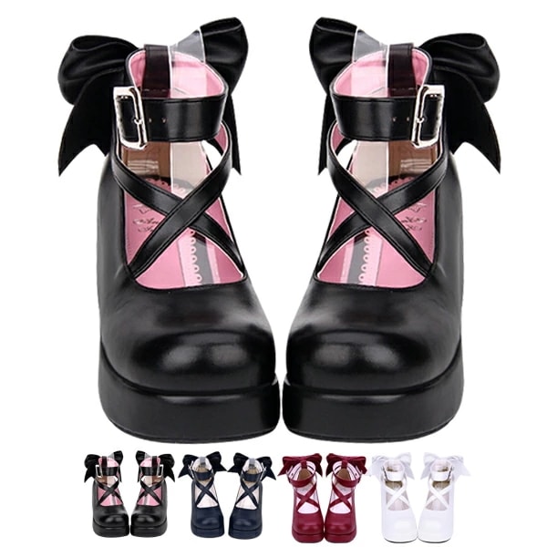 ロリータ 靴 レディース 厚底パンプス リボン シンプル定番ロリータパンプ ストラップパンプス お嬢様 ヒール5cm shoes ゴスロリ 可愛い ロリータ コスプレ 女の子用 ロリータパンプス シュ