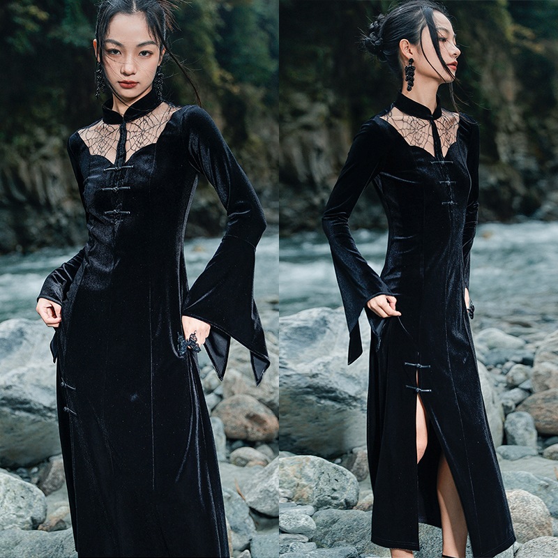 ゴシック ワンピース セクシー ベルベット ワンピース 黒 切り替え クモの巣レース肌見せ チャイナドレス改良版 長袖 ロング ボトルネック レトロチャイナ風ワンピース パーティードレス ハロウィーン