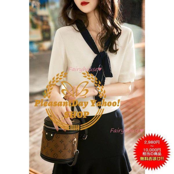 Tシャツ レディース 春夏新作 40代 半袖 ニットトップス 白Tシャツ リボンVネック レション ショット丈ニットソー カットソー おしゃれ 大人 50代 30代