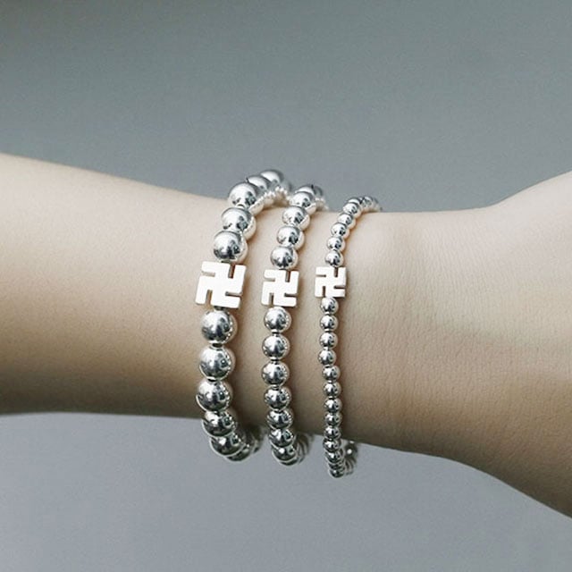 silver B-686 仏教 万字ボール ブレスレット 8mmボール9mm 万字長さ15cm