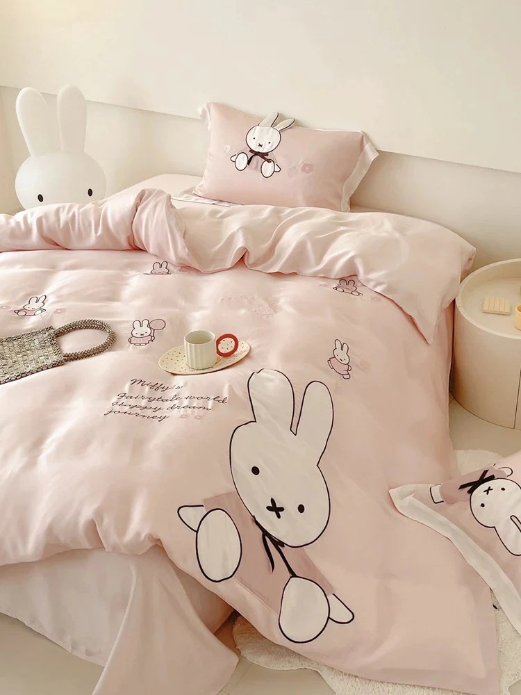 限定sale 子供用夏用0カウントレンチングテンセル4点セット可愛いミッフィー刺繍入りキルトカバーシーツ寝具