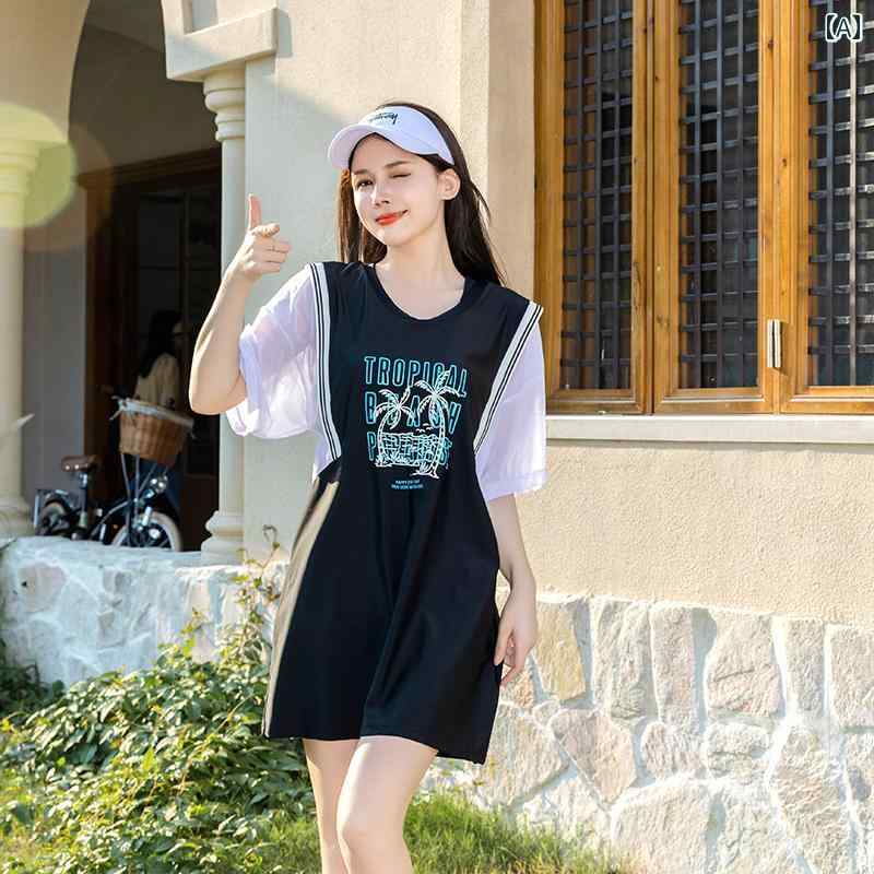 水着 ミセス マザーズ 体型カバー 女性用 温泉 スプリット 大きいサイズ お腹カバー 着痩せ スリーピース ミディアムスリーブ