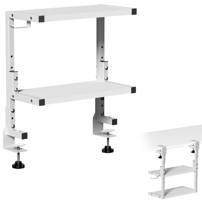 二層シェルフ デスク収納ラック 机上/吊り下げ 2WAY 高さ調整可能 多機能 フック付き 金属製 ホワイト 省スペース クランプ式 上棚37.7x18.2cm 耐荷重各5KG オフィス収納棚