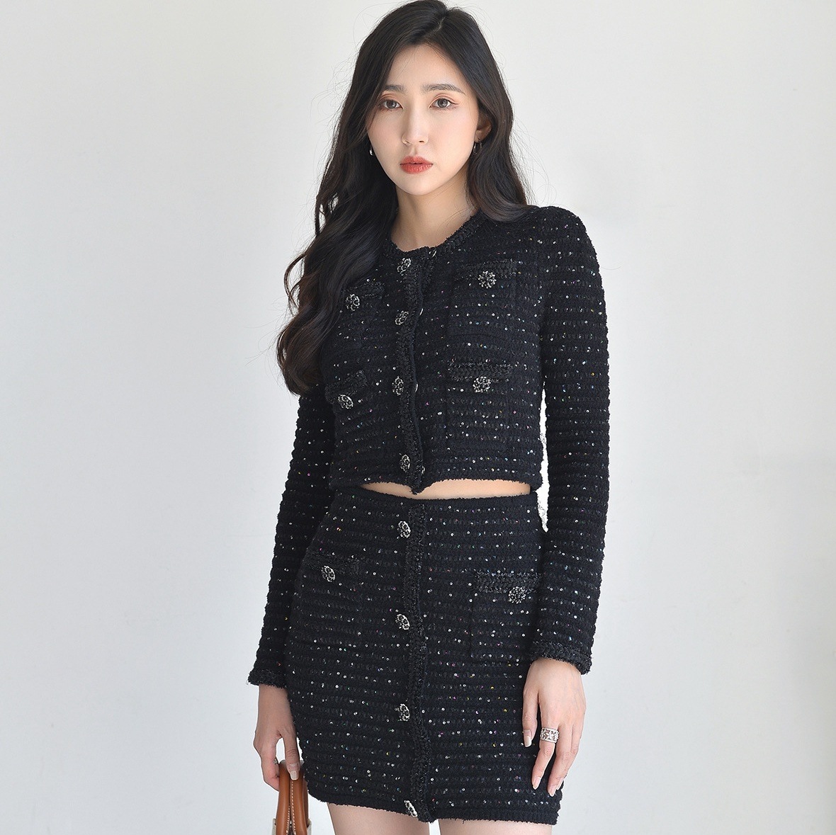 腹だしミニスカートブラックツイードセットアップ 高見えセットアップ ツイードセットアップ セットアップ ブラックツイードセットアップ ブラック 黒 韓国 オルチャン レディース 腹だし 腹出し