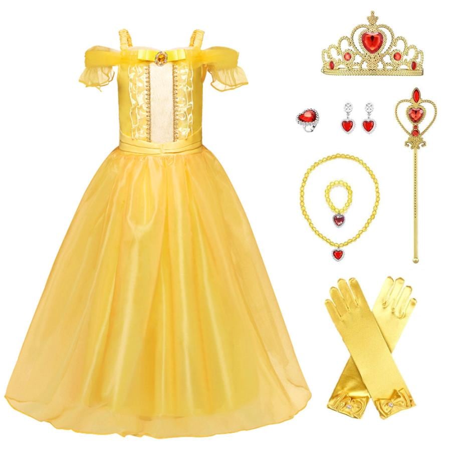 [即纳]新作先行発売ベル ドレス 子供 コスプレ 衣装 美女と野獣 豪華８点 セット ドレス 手袋 ティアラ ステッキ ネックレス イヤリング 指輪 ブレスレット 100 110 120 130 14