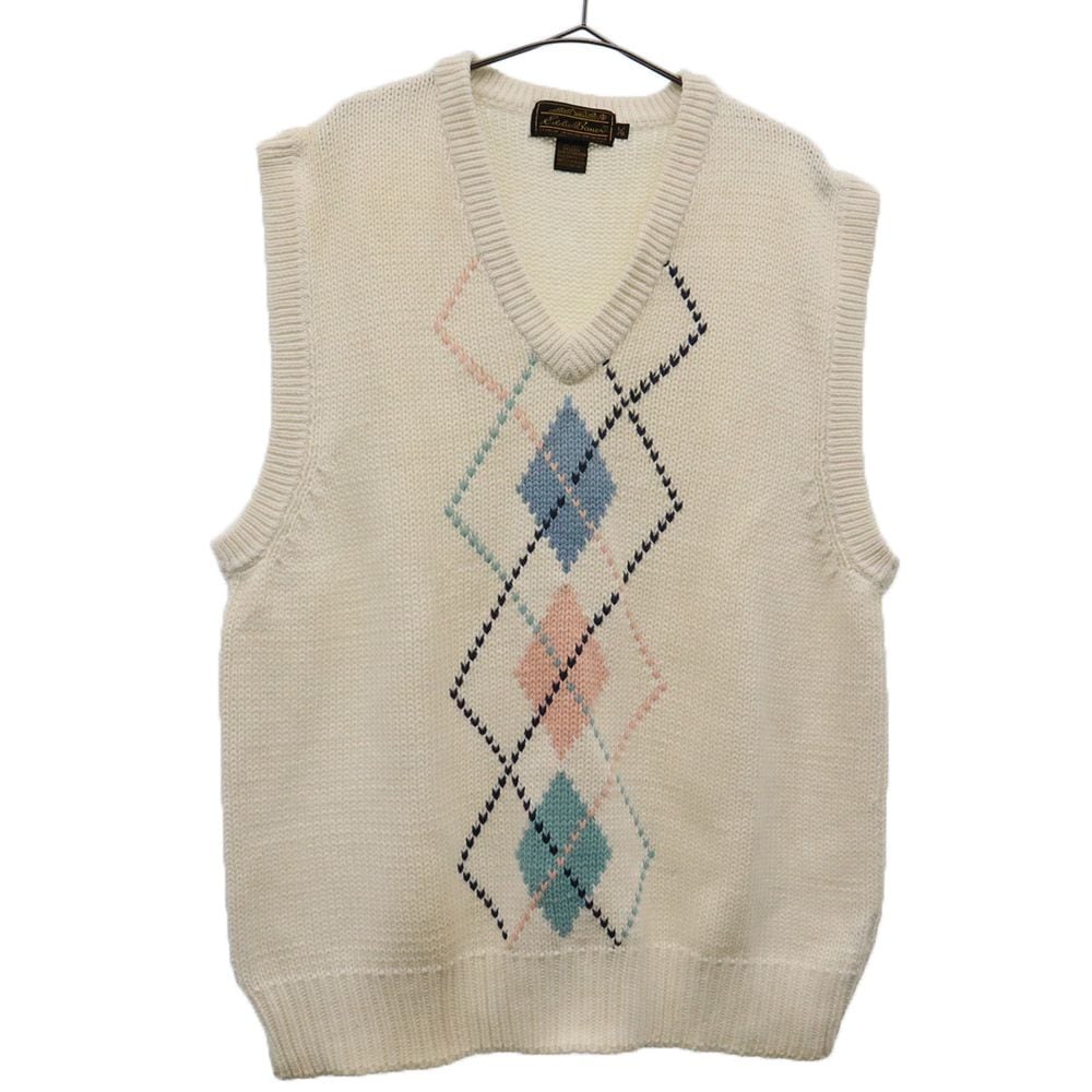 90s 黒タグ後期 総柄 ニットベスト L ホワイト オールド ヴィンテージ メンズ