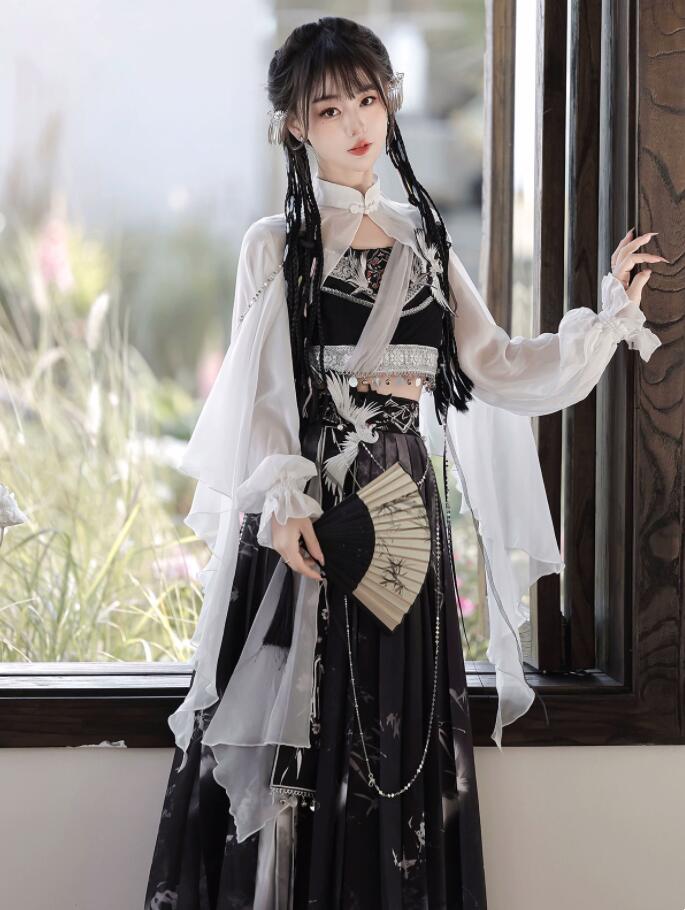 レディース漢服 ハロウィン コスプレ衣装 漢服 漢元素 敦煌 民族風 衣装 鶴飾り付き 竹柄 エスニック コスプレ衣装 羽織 ロングスカート 学園祭 文化祭 イベント 撮影衣装 おしゃれ