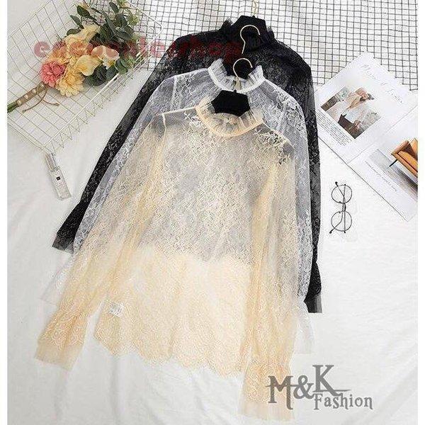 【2枚購入で 280円OFF!】タイムセール ブラウス レース トップス ハイネック 薄手 長袖 おしゃれ春 可愛い きれいめ カジュアル ゆったり感 シースルー レディース今月の新型