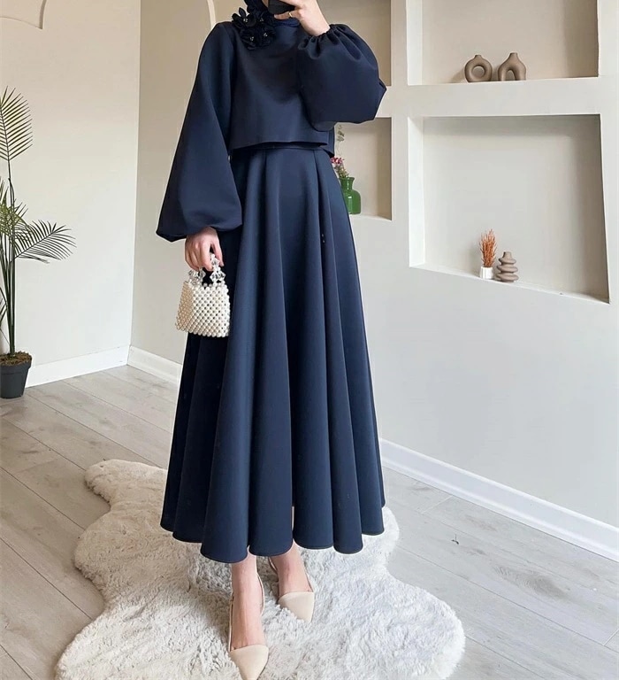 スカートセットアップ セットアップ レディース ドレープ 秋 ロングスカート ロング丈 マキシ丈 2点セット 上下セット 長袖 無地 パフスリーブ ハイウエスト フレアスカート フレア 大きいサイズ