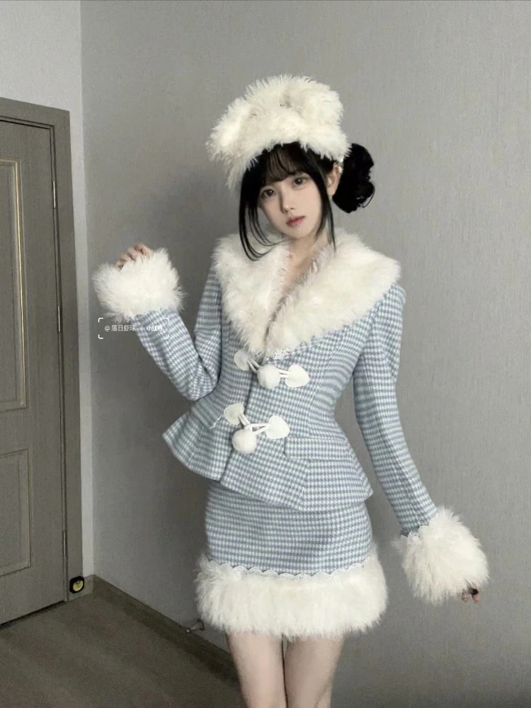 スーツドレス チェックファーウエストマーク長袖コート冬新作キュートスカート2点セット