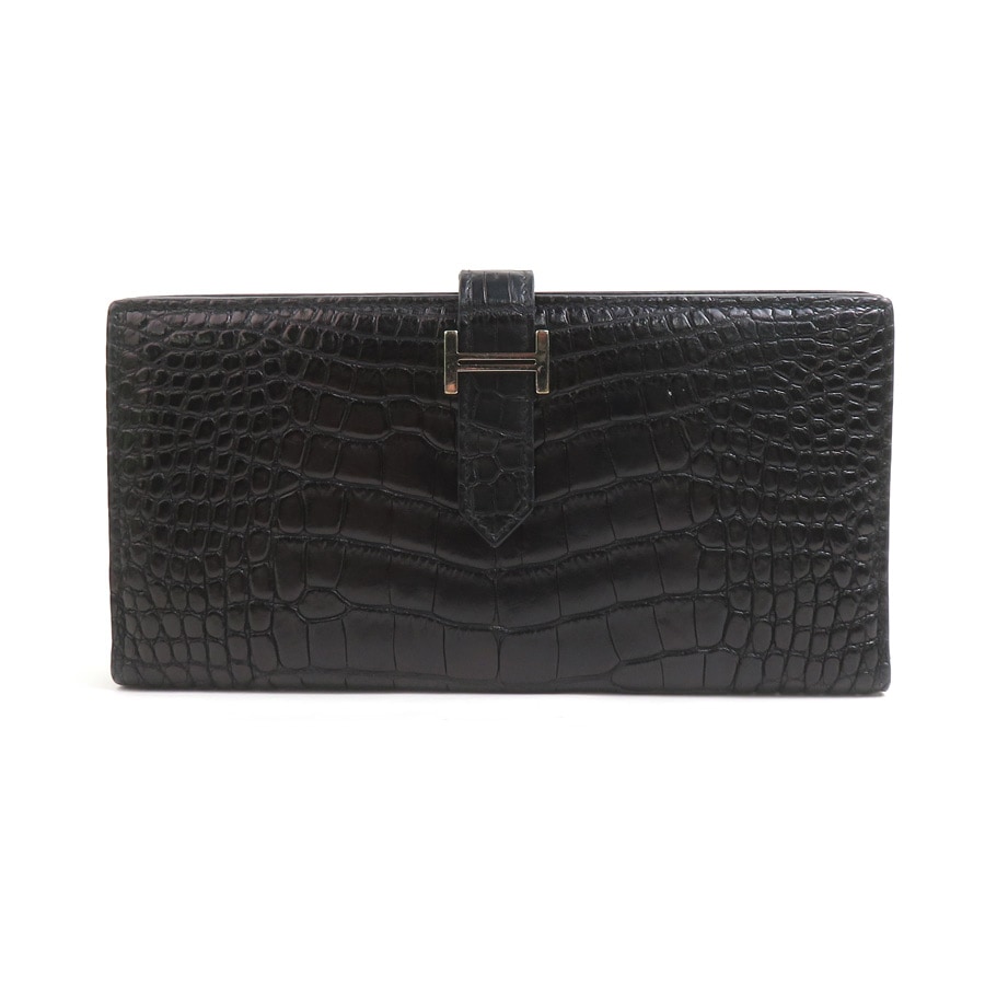 エルメス HERMES 二つ折り長財布 ベアンスフレ アリゲーター ブラック シルバー ユニセックス 90164a