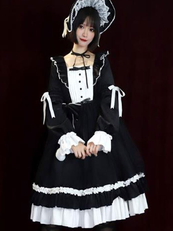 【全店任意2枚購入で100円OFF】古典的なロリータOPドレスロルナ秋フリルブラックロリータワンピースドレス 12,626円