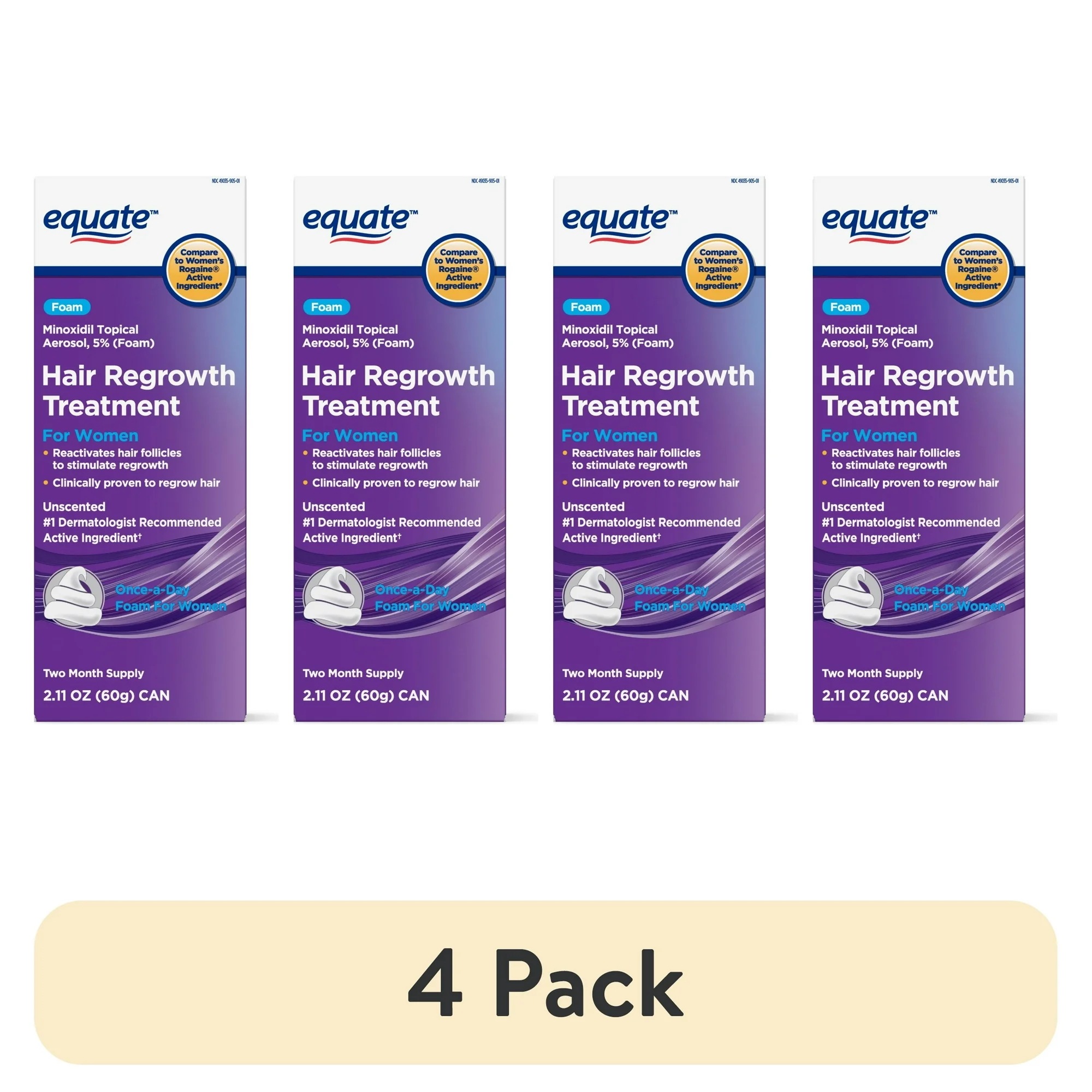 （4パック）Equate Topical Aerosol女性用5%脱毛&再成長トリートメント2.11オンス