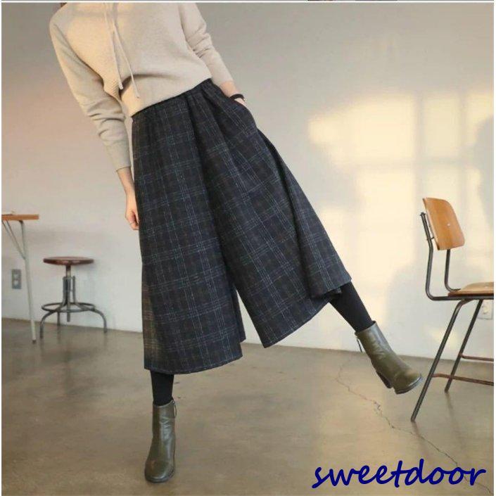 ワイドパンツ ガウチョパンツ レディース 7分丈 ハイウエスト タック入り 大きいサイズ チェック 無地 きれいめ 秋冬 ウエストゴム 厚手 ゆったり