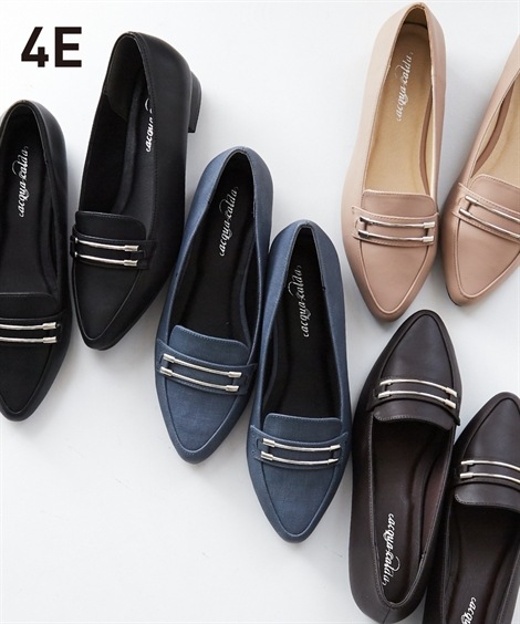 フラット ゆったり幅広 ビット付ポインテッドトゥパンプス 低反発中敷 ワイズ４Ｅ