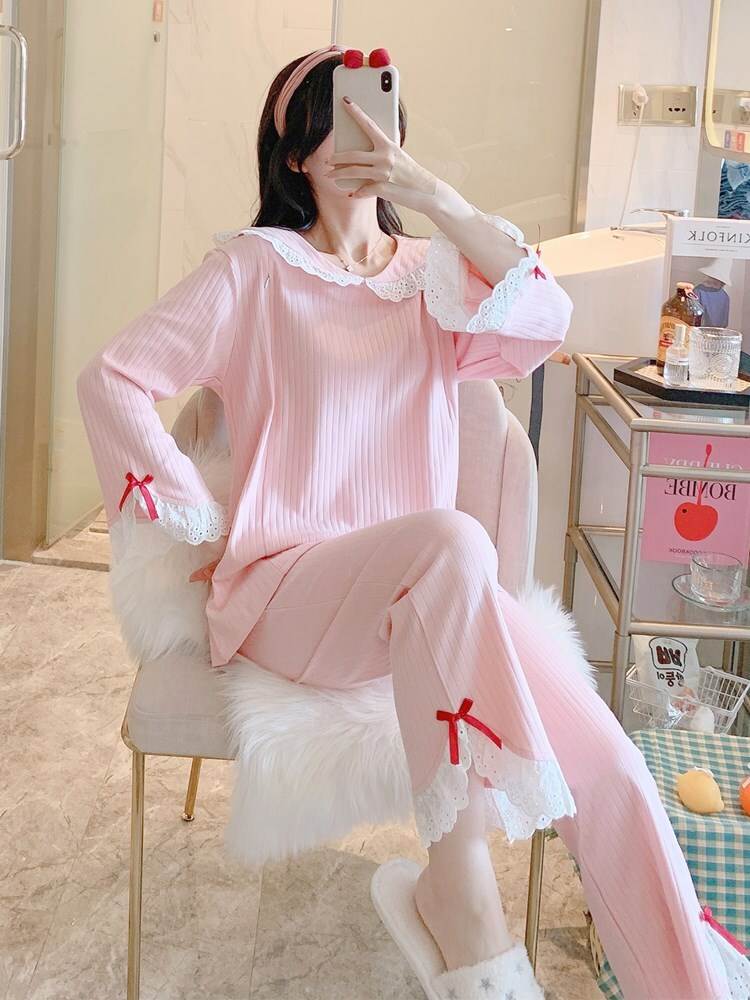 授乳口付き ジッパータイプ レディース パジャマ ルームウェア ナイトウエア 上下セット 3タイプ レーストリミング リボン ビックカラー さくらんぼモチーフ付 長袖 キャンリーブ 大人可愛い 韓国