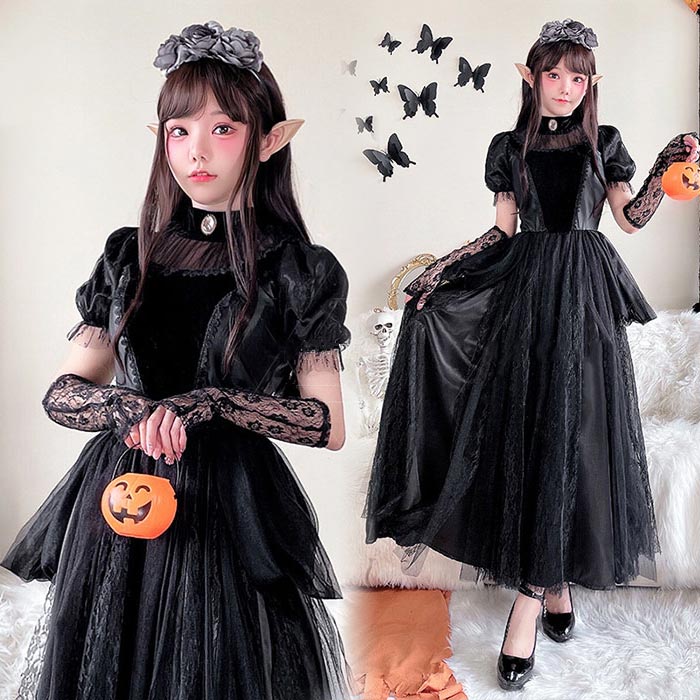 ハロウィン コスチューム マキシ丈 ワンピース レディース コスプレ カチューシャ ゴシック 半袖 花レース クラシカル ゴスロリ 大人 パニエ 暗黒風 魔法使い 悪魔 ウィッチ 仮装 お姫様 ドレス
