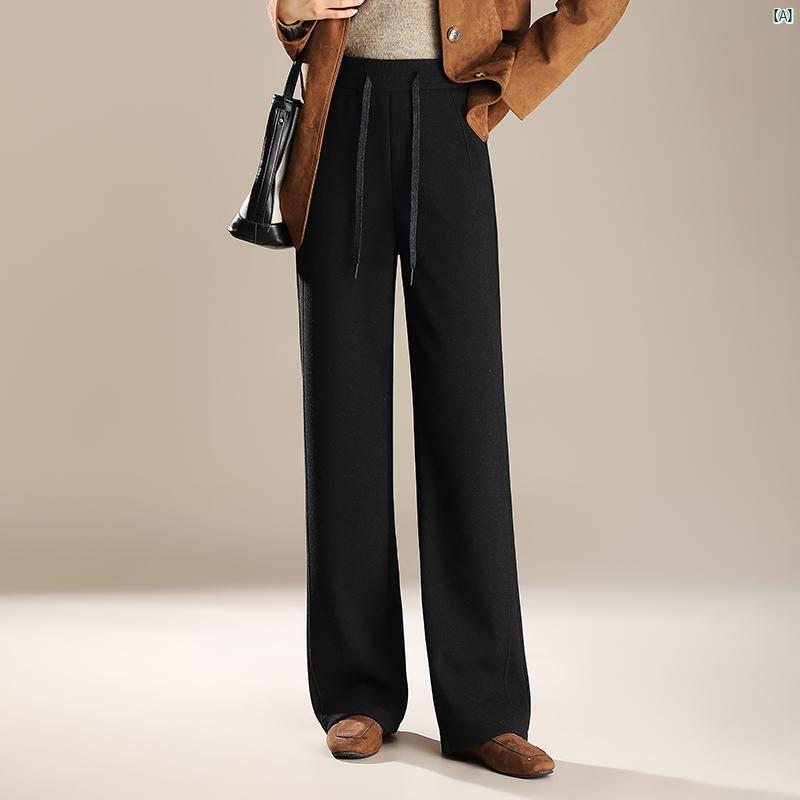 レディース　ファッション　オシャレ　シンプル 秋冬 ウール ストレート レッグ パンツ ハイウエスト 巾着 暖かい 耐寒性 カジュアル