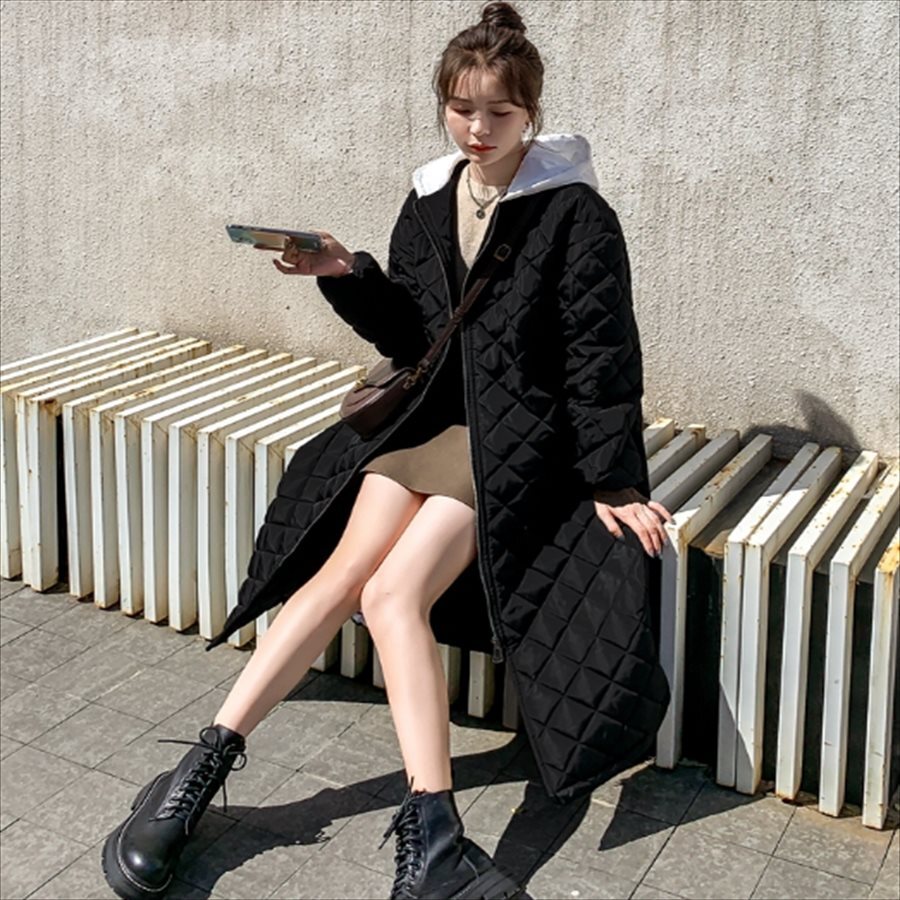 フード付きキルティングジャケットアウター ロングコート ジャケット 羽織り 2色 ダウンジャケット ロング ロング丈 袖あり 長袖 Vネック フレア Aライン フード付き ポケット