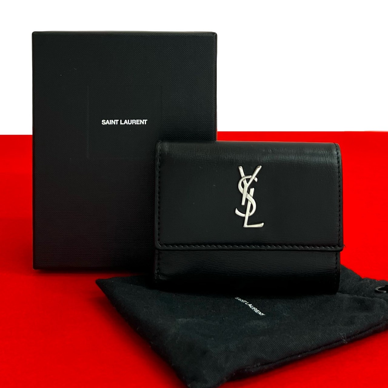 YSL ロゴ 金具三つ折り財布 レザー ブラック 96575