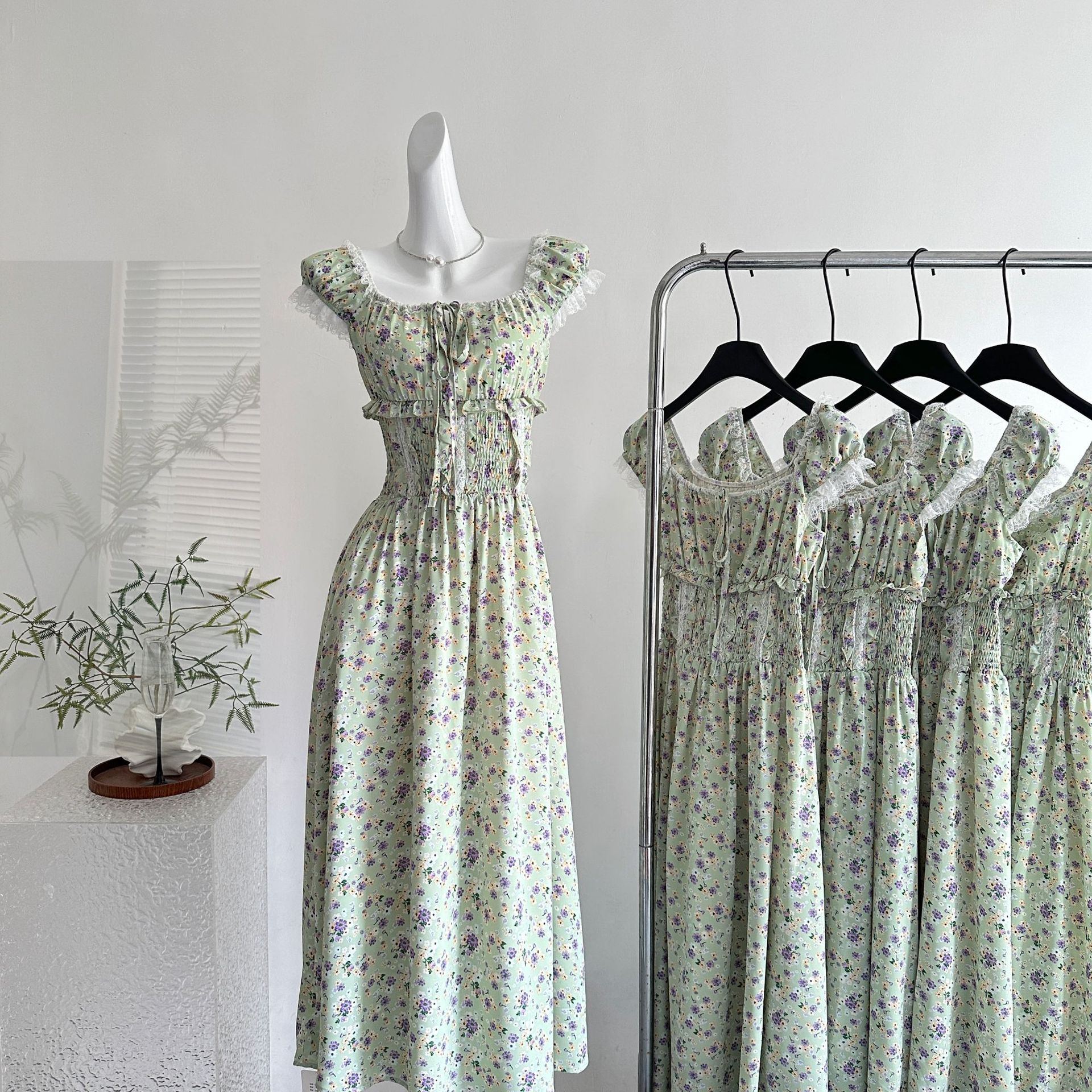 【急速出荷】520野花序グリーン花柄フレンチウエストトップスワンピース