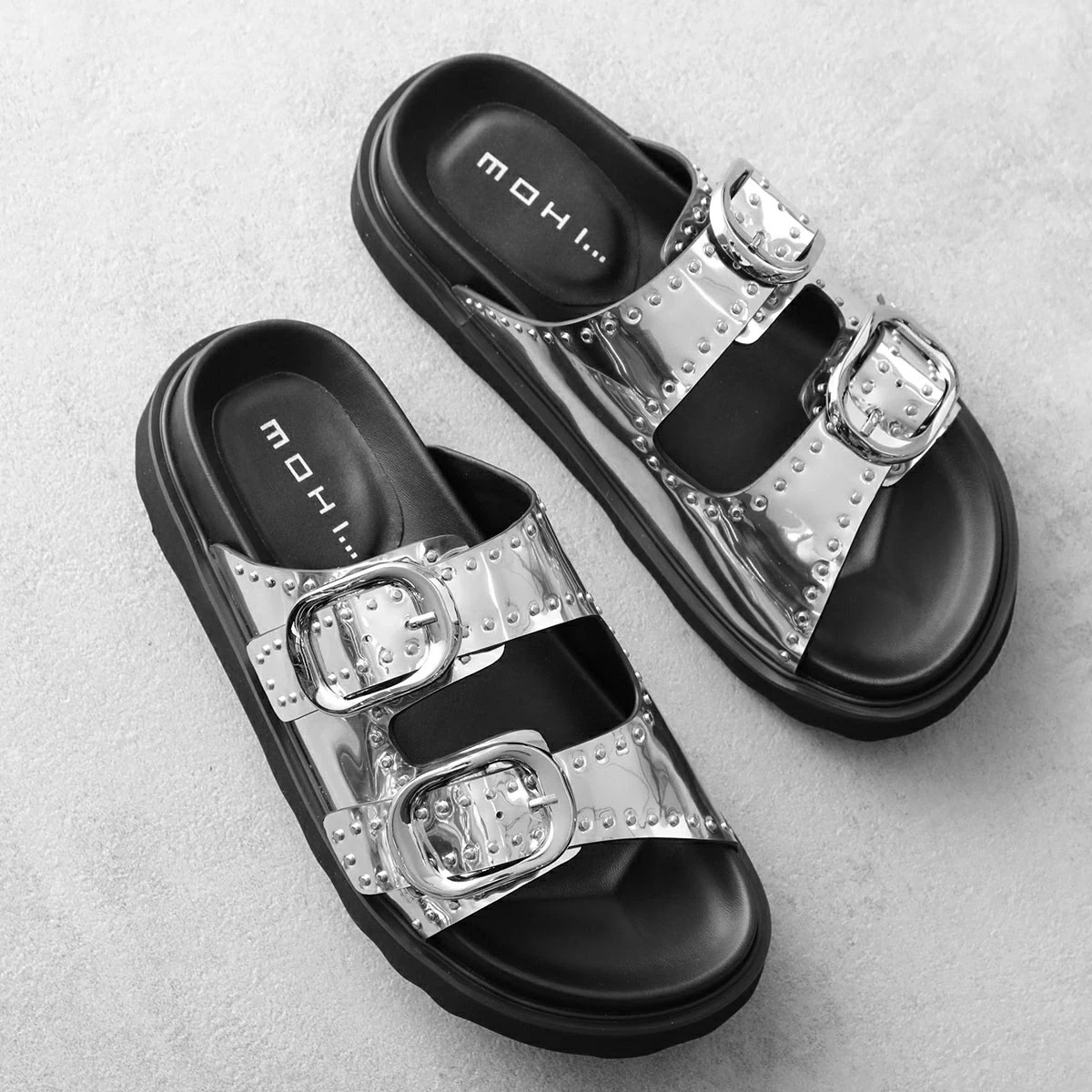 MOHI モヒ サンダル RD22-109 レディース レザー ベルト スタッズ メタリック バックル シューズ 靴 PLATA 【mega】