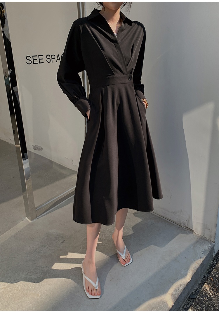 レディース ファッション エレガント 長袖 シャツ ドレス 女性 秋 ウエスト スリム A ライン ロングドレス ブラック ＳＭＬXL かわいい 大人可愛い きれいめ シンプル カジュアル 大人