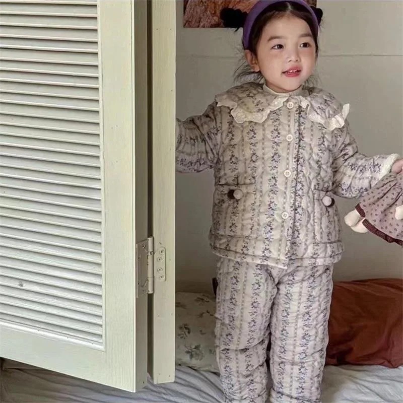 韓国話題 キッズパジャマ モコモコパジャマ 子供パジャマホームウェアスーツ暖かい3層パッド入り厚手の冬のセット暖かさ