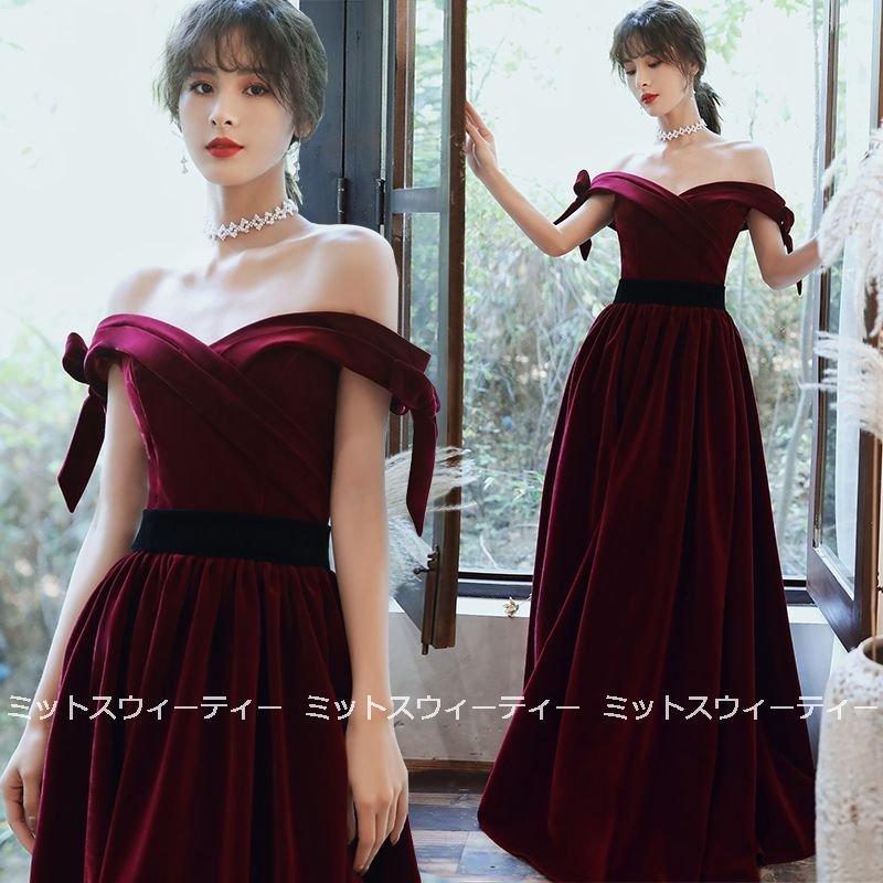 カラードレス 赤 演奏会 結婚式 イブニングドレス 二次会 カクテルドレス オフショルダー ロングド