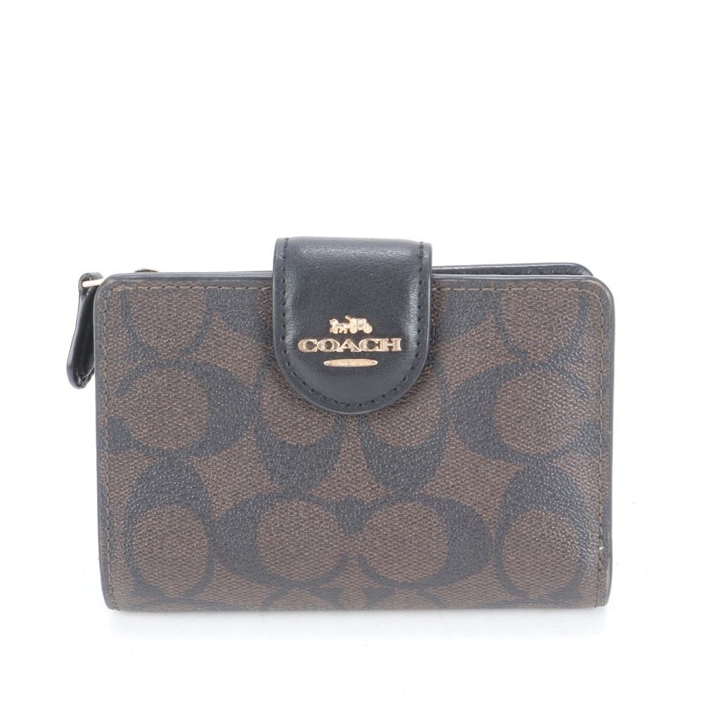 極美品 シグネチャー ミディアム コーナー ジップ C0082 レザー×コーティングキャンバス 二つ折り 財布 長財布 二つ折り 三つ折り コンパクト ウォレット ラウンドファスナー レディース E