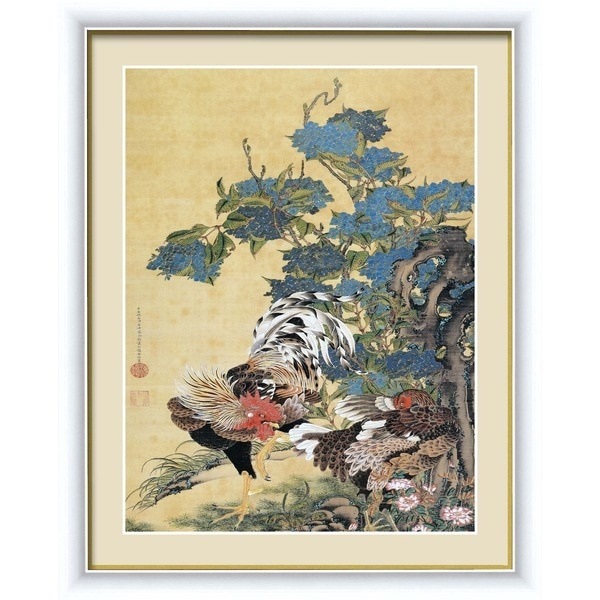 [若冲 鳳凰 旭日][動植綵絵額]群鶏/白鳳/鶏伊藤若冲 額装品（白）F6号 紫陽花双鶏図