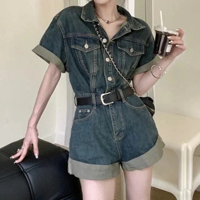 24オーバーオール パンツ ショート丈 デニム ジーンズ ボタン 襟 スタンドカラー 半袖 つなぎ ゆったり 細見え かわいい カジュアル おしゃれ 韓国ファッション レディース お出かけ