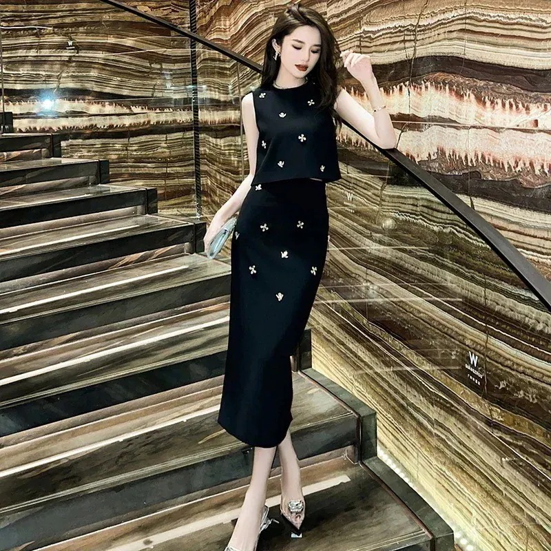 【急速出荷!】ロングスカート上品 上下セット ダイヤモンド飾り ハイウエスト ベスト+スカート パーティードレス キャバ 着痩せ 大人 同窓会 披露宴 卒業式 結婚式 演奏会 ウェディング 二次会 発