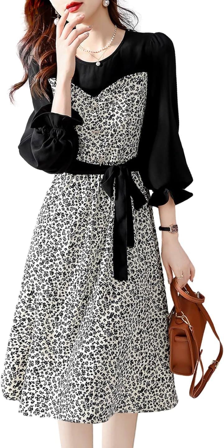 ワンピース シフォン フリル袖 花柄 切り替えワンピース 膝下丈 長袖 レディース( ブラック, XL)