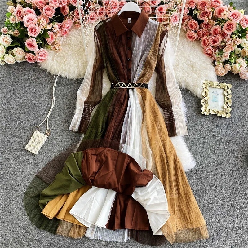 ワンピース シャツワンピース 膝下 ミモレ ミモレ丈 袖あり 長袖 Vネック 襟付き フレア Aライン レース チュール ベルト かわいい 大人可愛い きれいめ シンプル カジュアル 大人 上品