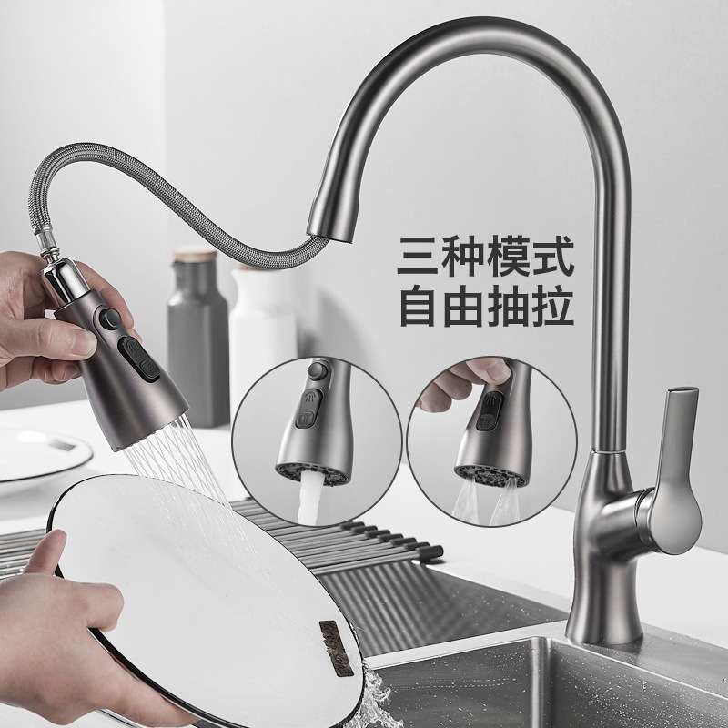 キッチン ホット＆コールド 引き出し式蛇口 防沫 伸縮式 起毛 回転シンク 洗面台 ボウル フルコッパー グレー ダブルアウトレット 水