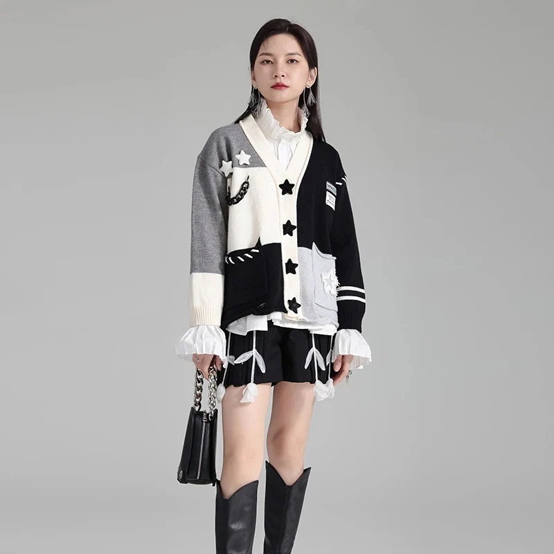 【J.Fashion】 秋冬 ニットカーディガン Vネック ドッキング レディース ニット ベーシック セーター 関連商品は店で購入可能 メガ割