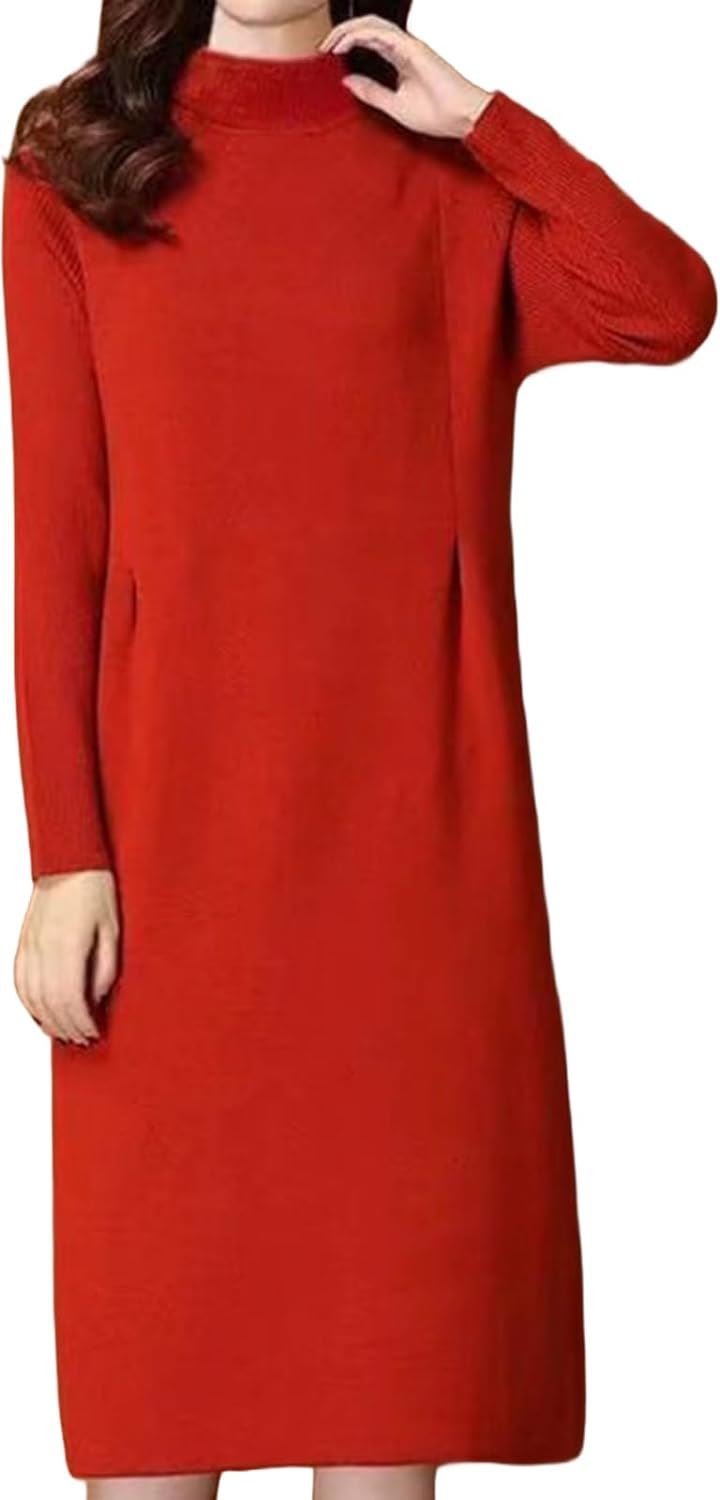 ニットワンピース 長袖 チュニック ミディアム丈 ハイネック レディース タイト 膝丈 3A-A21-RDL( レッド, L)